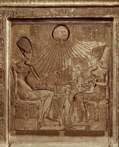 Royal family life: Pharaoh Amenophis IV Akhnaton, Queen Nefertiti, and 3 daughters praying to the sun by Egyptian 18th Dynasty