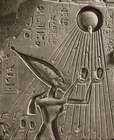 The royal family of Amenophis IV Akhnaton offers a sacrifice to Aton, the sun god by Egyptian 18th Dynasty