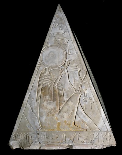 Egyptian antiquity: pyramid tip of the chapel of Ramose decorated with the representation of Re-Atum, deity of the setting sun. 19th dynasty (1295-1190 BC) Deir el Medineh. Turin Egyptian Museum by Egyptian 19th Dynasty