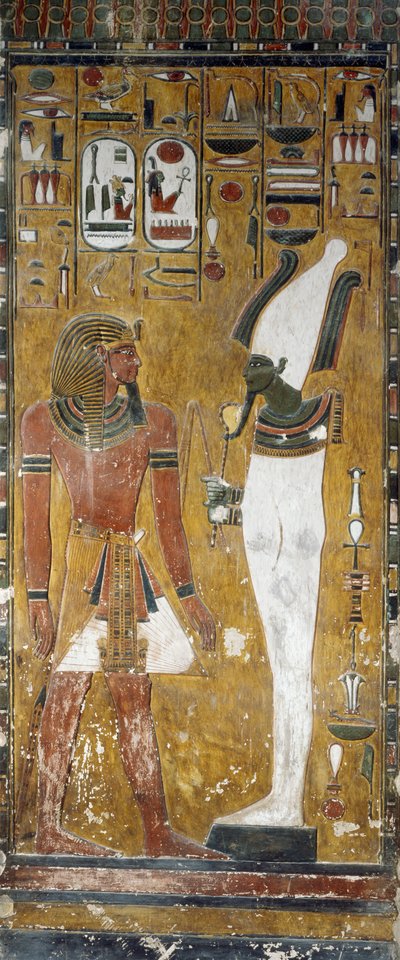 Osiris and Seti I (detail), frescoes in burial chamber of Tomb of Seti I, Valley of Kings, Luxor, Thebes by Egyptian 19th Dynasty