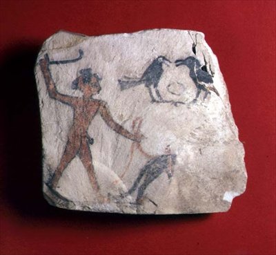 Ostracon with a sketch depicting a boy driving an animal, probably a baboon, to pick fruit with two crows, New Kingdom, c.1303-1224 BC by Egyptian 19th Dynasty