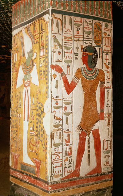 Pillar Depicting Osiris and a Priest Wearing a Panther Skin, from the Tomb of Nefertari, New Kingdom by Egyptian 19th Dynasty