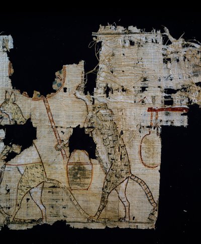 Papyrus depicting satirical scene, ca 1100 BC, dating from reign of Ramesses IX, (detail), Egyptian Civilisation, New Kingdom, Dynasty XX by Egyptian 20th Dynasty