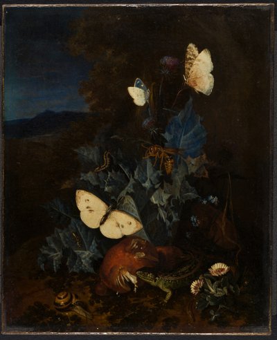 Still-life with a Thistle, Boletus, Snail, Lizard, Butterflies and a Bee in a Landscape by Elias van den Broeck