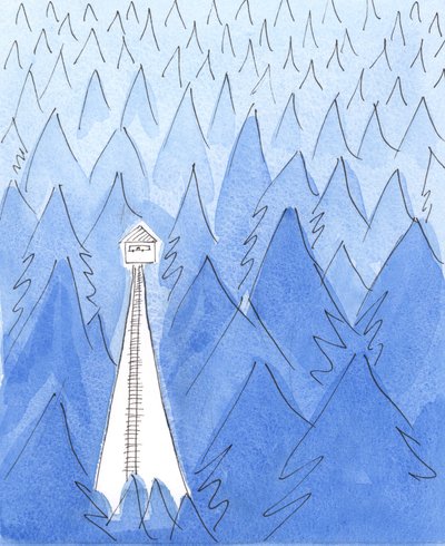 A ranger in a watchtower lives in an oasis of light amidst a bleak, cold, dark landscape by Elizabeth Wang