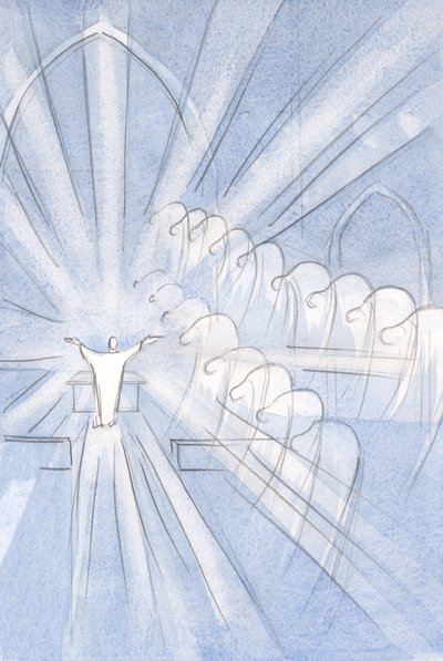 Angels and Saints bow low, adoring, at Christ