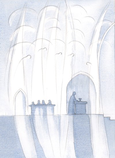 Angels surrounded our priest and the altar, with Christ Really Present by Elizabeth Wang