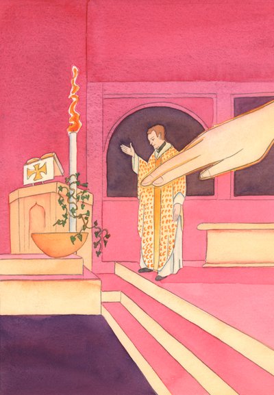 As the priest stretched out his hand to bless the water in the font, at Easter, God the Father stretched out His hand and touched the water, 2002 by Elizabeth Wang