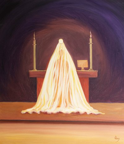 At the consecration, Jesus is present, loving us, though veiled from our sight. by Elizabeth Wang