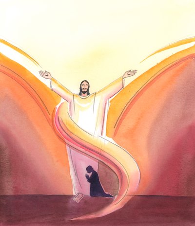 Christ is Really Present in the tabernacle, constantly praying for us, His arms out-stretched in prayer towards the Father above, Whom Christ sees dwelling in the glory which we cannot yet see. by Elizabeth Wang