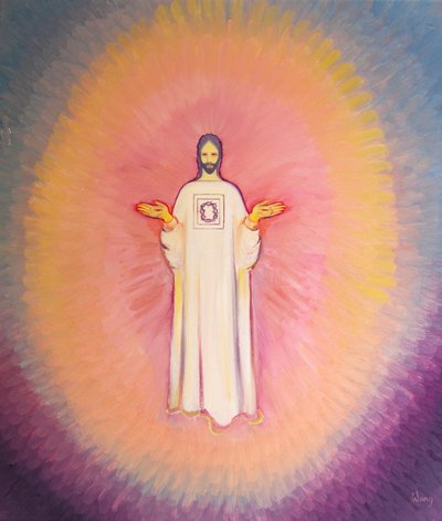 Christ the High Priest appears in majesty, His robe bearing the image of the Crown of Thorns by Elizabeth Wang
