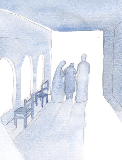 He took pity on me, and accompanied me to my work, He on one side and His Holy Mother at the other by Elizabeth Wang