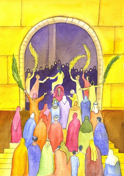 Jesus enters Jerusalem in procession (Palm Sunday) by Elizabeth Wang