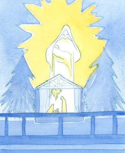 Our Blessed Lady stood in the Lady Chapel, in glory, showing how she shares our joy on the feast of the Birth of her son, Our Lord by Elizabeth Wang