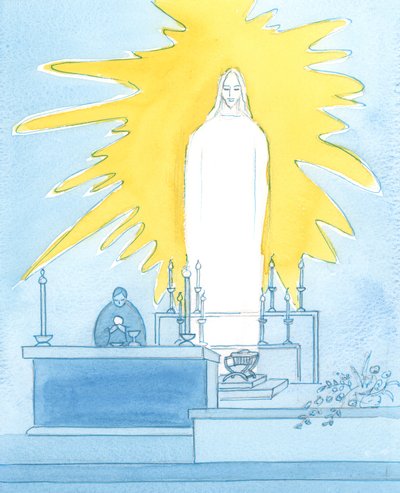 Truly, Christ our God is Present before us, Body, Blood, Soul and Divinity: Present in glory at every Mass to pray to the Father on our behalf by Elizabeth Wang