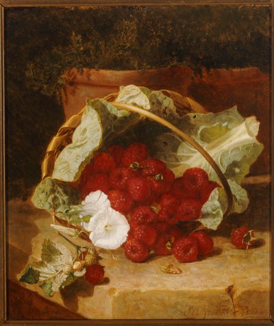 Raspberries in a Cabbage Leaf Lined Basket with White Convulvulus on a Stone Ledge by Eloise Harriet Stannard
