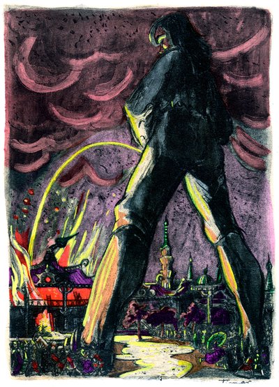 Gulliver Urinates on Flames to Extinguish the Fire of the Palace of the Empress of Lilliput by Emeric Timar