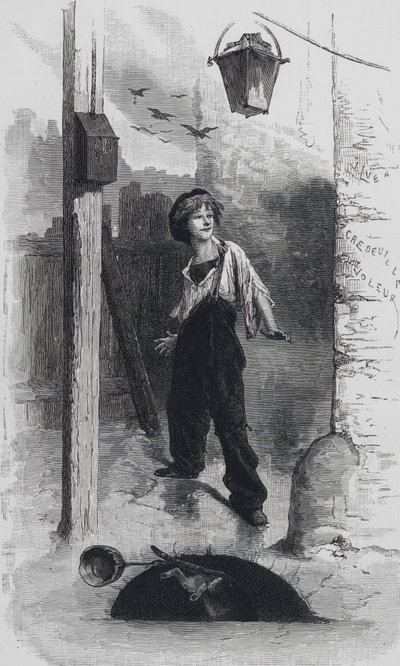 Scene from Les Miserables, by Victor Hugo: Gavroche by Emile Antoine (after) Bayard