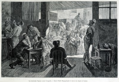A group of women in front of a bar, forbidden to women, singing hymns to drunks against alcoholism by Emile Antoine Bayard