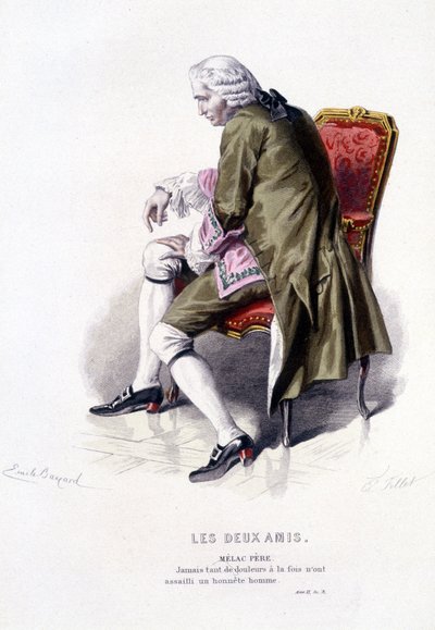 Complete work by Beaumarchais (1732-1799) by Edouard Fournier. drawing by Emile Bayard. Ed. Laplace, Sanchez et Cie, Paris 1876. This is Melac Father in The Two Friends by Emile Antoine Bayard
