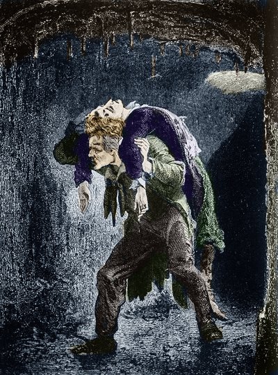 Jean Valjean, Marius wounded on his back, fleeing in the water of Paris (Illustration of the novel “Les Miserables” by Victor Hugo) by Emile Antoine Bayard