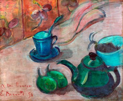 Still life with teapot, cup and fruit. Painting by Emile Bernard, 1890 by Emile Bernard