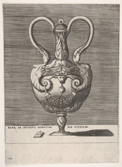 Antique Lidded Vase with Two Handles emerging from the Heads of Hybrid Female Sphinxes by Enea Vico