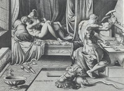 Venus and Mars Embracing as Vulcan Works at His Forge by Enea Vico