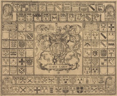 Coats of Arms with Corner Portraits of Henry VII, Henry VIII, Edward VI, and Mary by English 16th Century