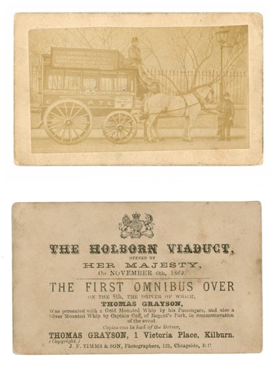 Card commemorating first omnibus driven across the Holborn Viaduct, 6 November 1869 by English Photographer