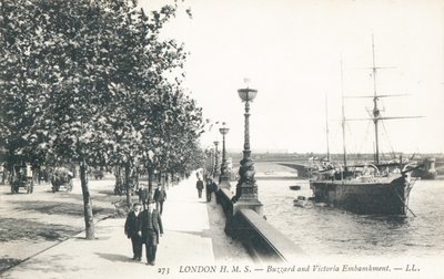 HMS Buzzard moored alongside Victoria Embankment by English Photographer