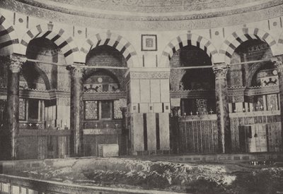Interior of the Mosque of Omar, standing over the rock where Abraham is thought to have offered by English Photographer