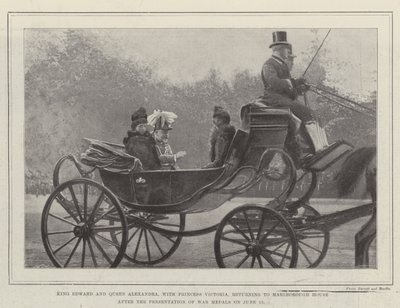 King Edward and Queen Alexandra, with Princess Victoria, returning to Marlborough House after the Presentation of War Medals on 12 June by English Photographer