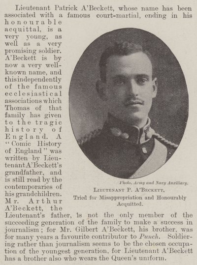 Lieutenant P ABeckett, tried for Misappropriation and Honourably acquitted by English Photographer