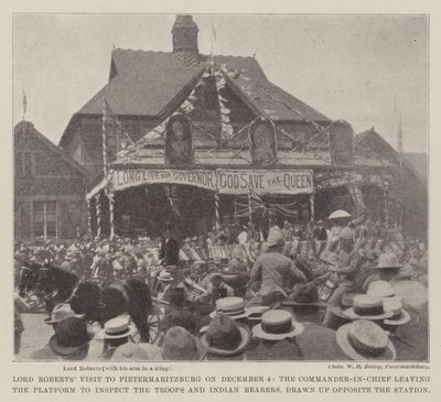 Lord Roberts Visit to Pietermaritzburg on 4 December, the Commander-in-Chief leaving the Platform to inspect the Troops and Indian Bearers, drawn up opposite the Station by English Photographer