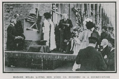 Madame Melba laying her voice on record in a corner-stone by English Photographer