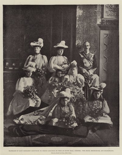 Marriage of Lady Margaret Grosvenor to Prince Adolphus of Teck at Eaton Hall, Chester, the Bride, Bridegroom, and Bridesmaids by English Photographer