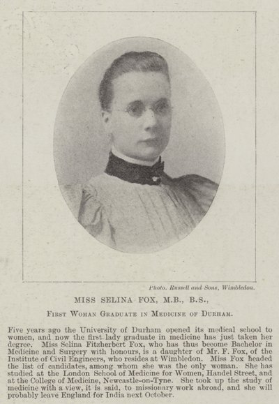Miss Selina Fox, MB, BS, First Woman Graduate in Medicine of Durham by English Photographer