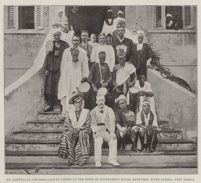 Mr. Llewellyn and Senegambian Chiefs on the Steps of Government House, Bathurst, River Gambia, West Africa by English Photographer