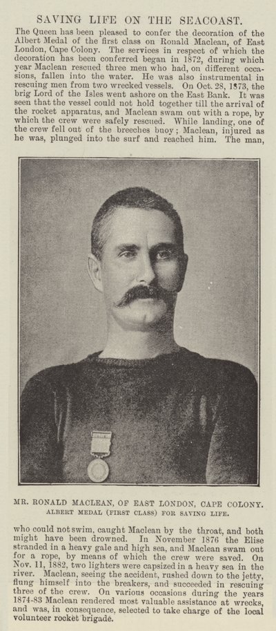 Mr Ronald Maclean, of East London, Cape Colony, Albert Medal (First Class) for Saving Life by English Photographer