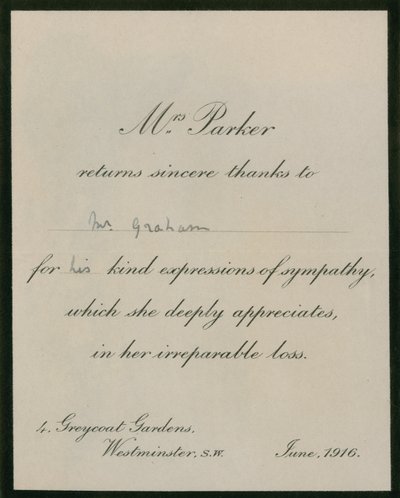 Mrs Parker returns sincere thanks to Mr Graham by English Photographer
