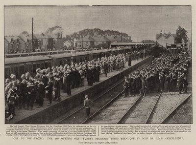 Off to the Front, the 2nd Queens West Surrey Regiment being seen off by Men of H M S Excellent by English Photographer