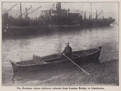 Postman whose delivery extends from London Bridge to Limehouse in a boat on the River Thames, London by English Photographer
