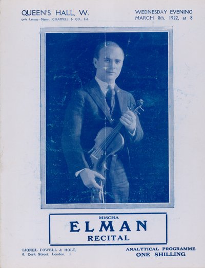 Programme for Mischa Elman Recital, Queens Hall, on 8 March 1922 by English Photographer