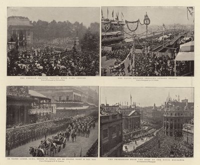 The Foreign Princes passing Hyde Park Corner, Sir Wilfrid Laurier, GCMG, Premier of Canada, and Colonial Escort in Pall Mall, the Naval Brigade crossing London Bridge, the Procession from Roof of the by English Photographer
