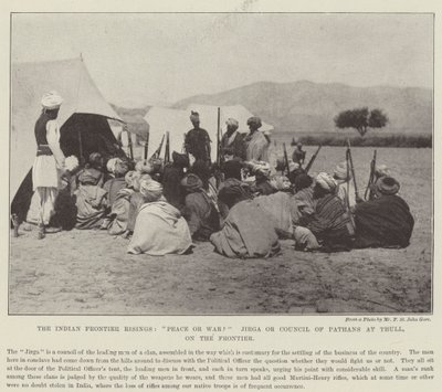 The Indian Frontier Risings, Peace or War? Jirga or Council of Pathans at Thull, on the Frontier by English Photographer