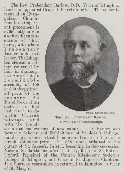 The Reverend Prebendary Barlow, New Dean of Peterborough by English Photographer