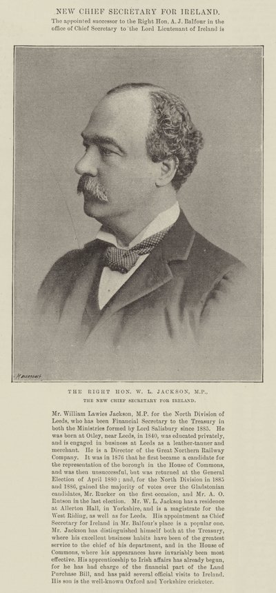 The Right Honourable W L Jackson, MP, the New Chief Secretary for Ireland by English Photographer