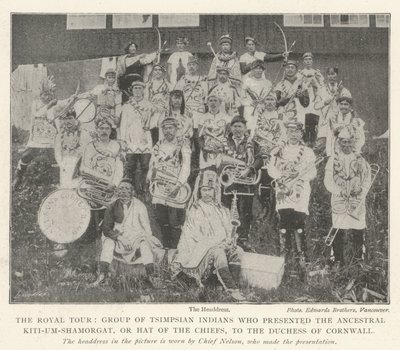 The Royal Tour, Group of Tsimpsian Indians who presented the Ancestral Kiti-um-Shamorgat, or Hat of the Chiefs, to the Duchess of Cornwall by English Photographer