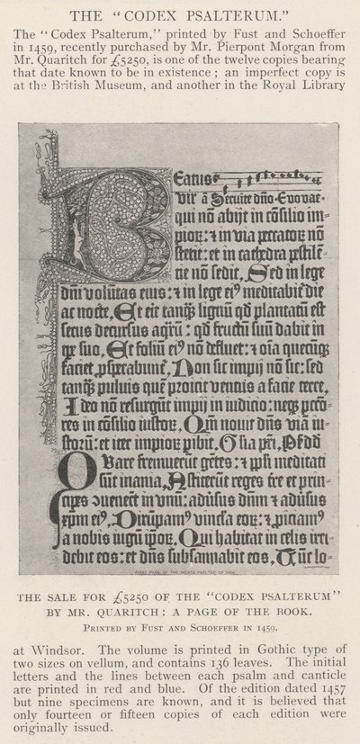 The Sale for £5250 of the Codex Psalterum by Mr Quaritch, a Page of the Book by English Photographer